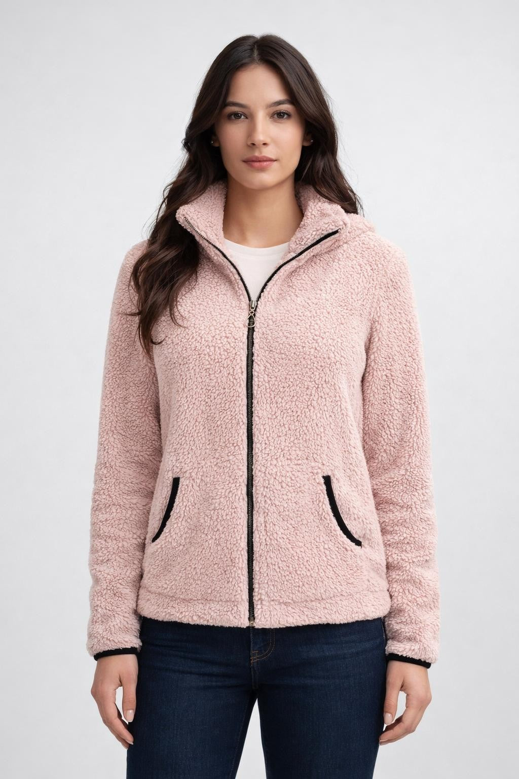 Plush Colorblock Zip-Up Jacket - Dusty Pink