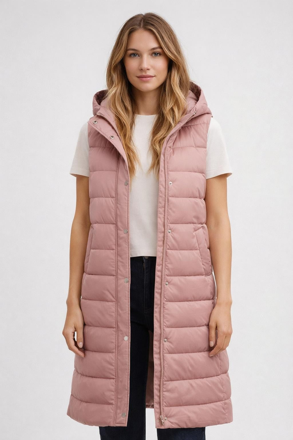 Quilted Hooded Sleeveless Vest - Dusty Pink