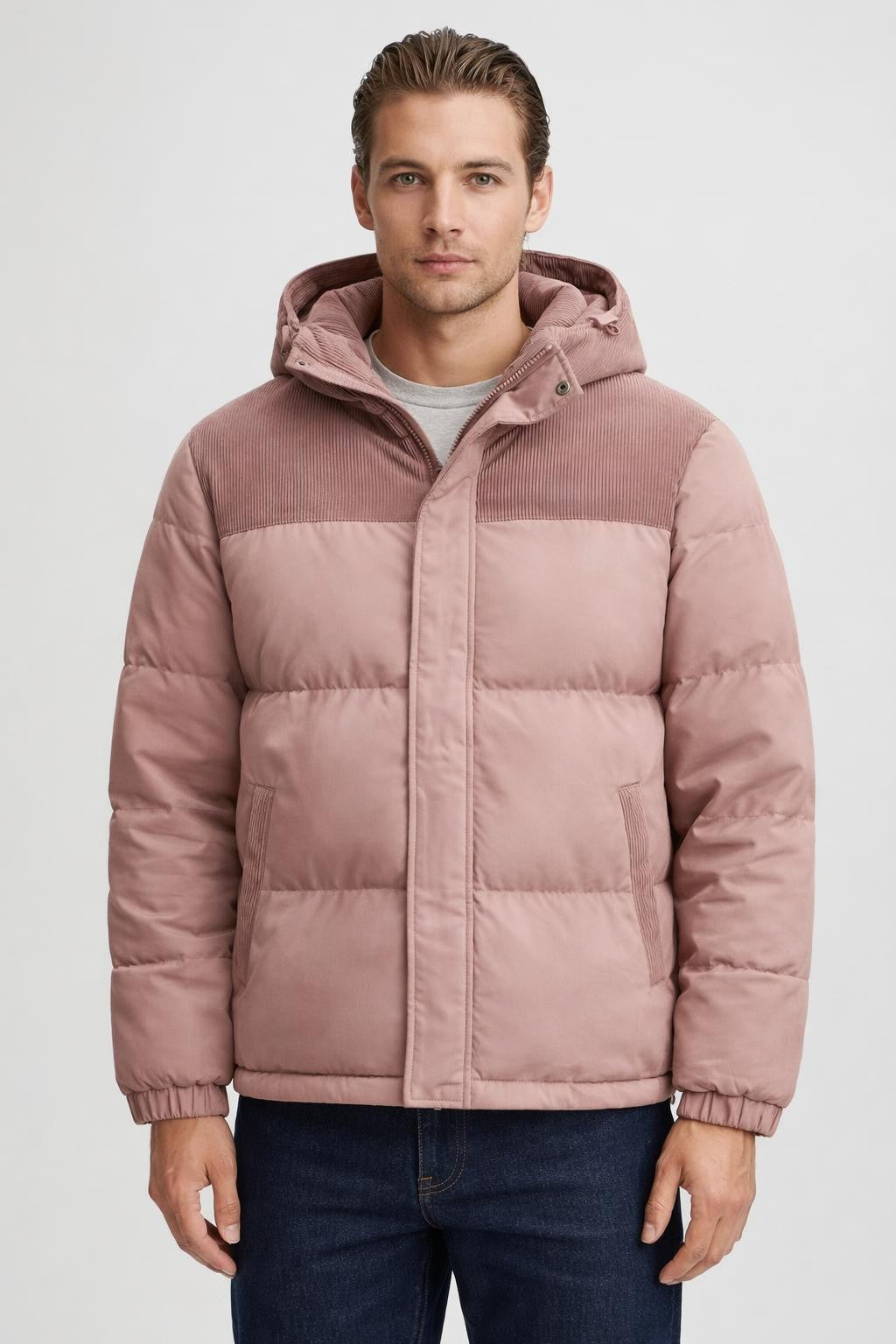 Colorblock Puffer Jacket with Removable Hood - Dusty Pink
