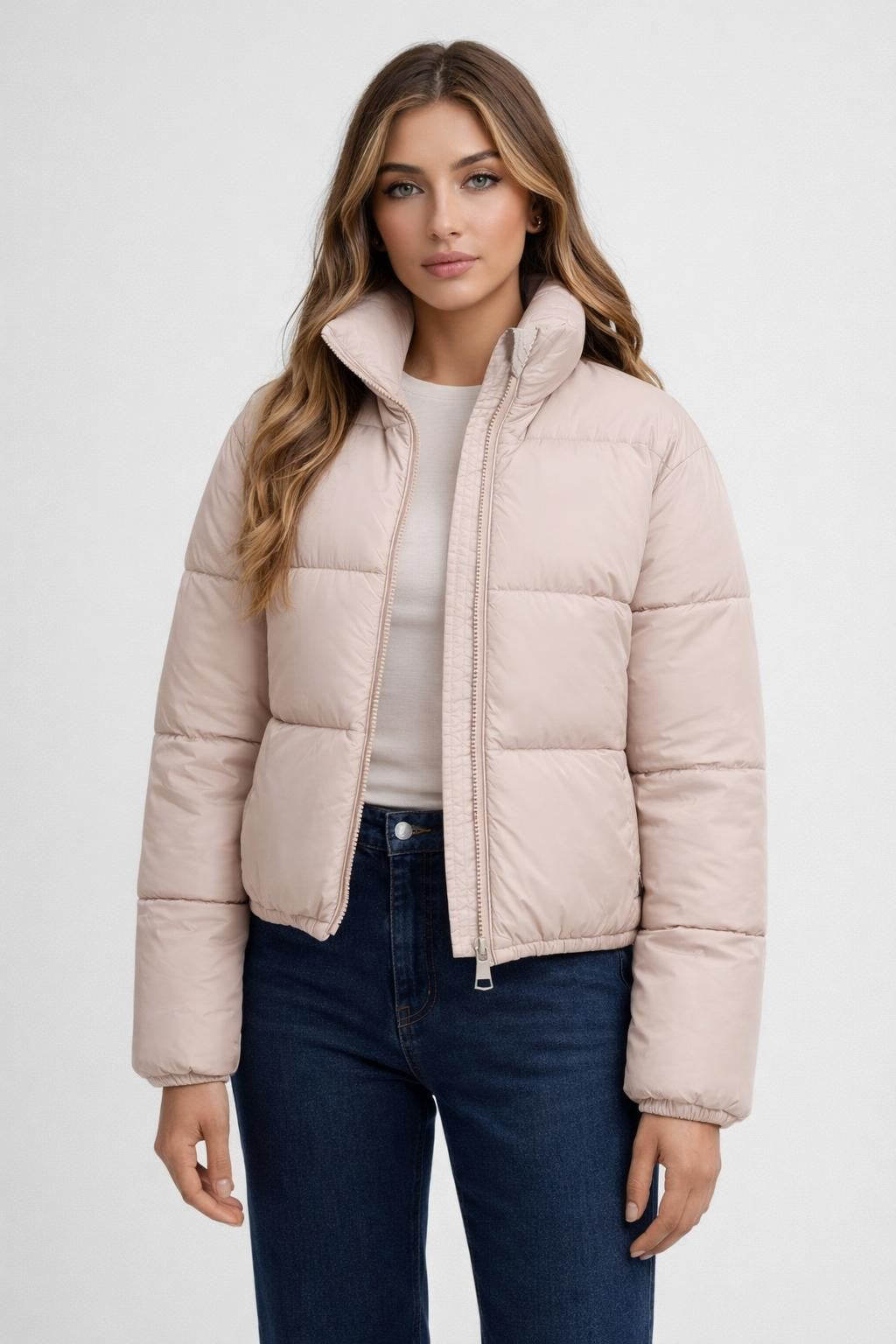 Puffer Jacket with Stand Collar - Dusty Pink