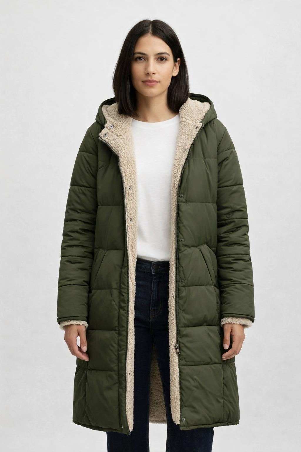 Reversible Fleece-Lined Long Coat - Fern Green