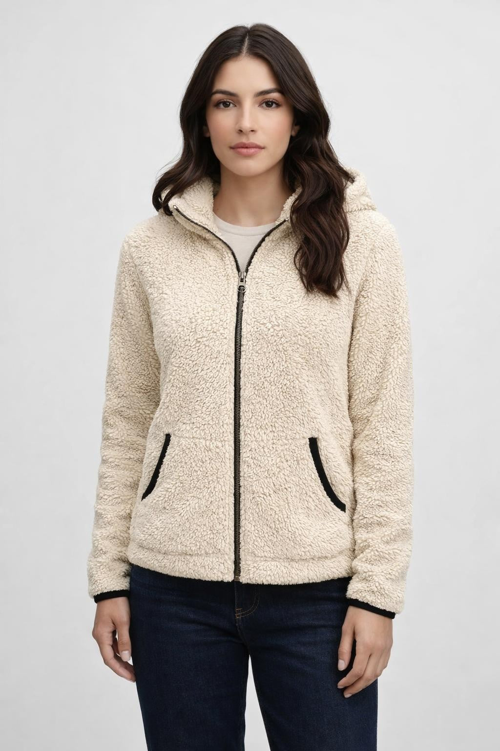 Plush Colorblock Zip-Up Jacket - Gray White