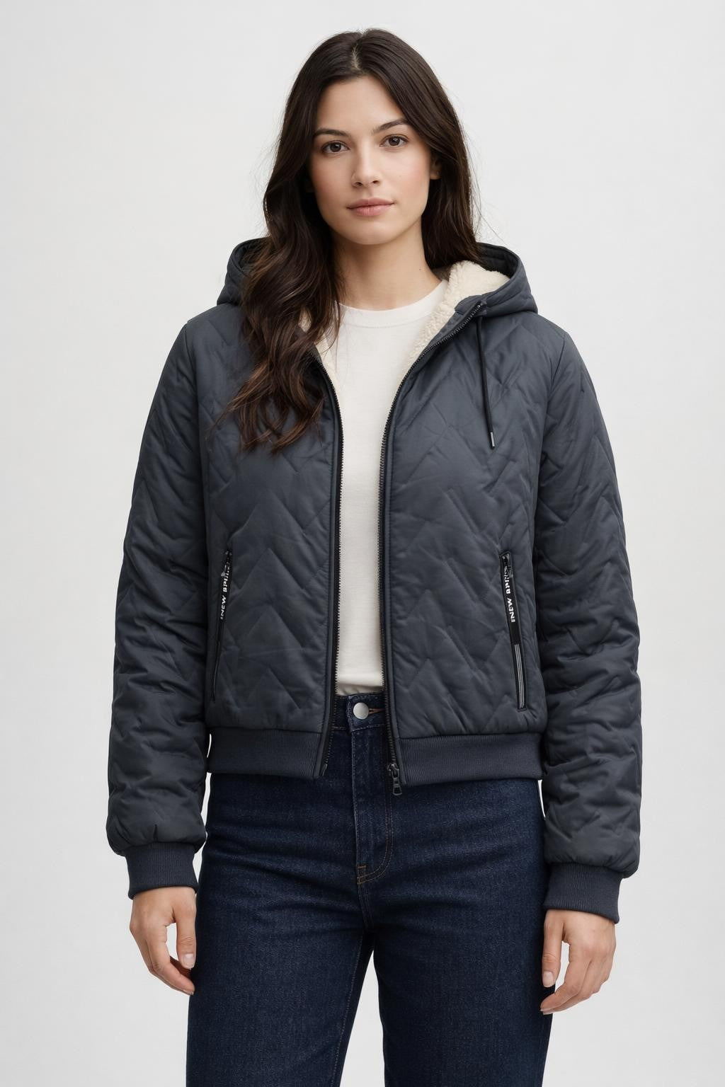 Quilted Winter Jacket with Lamb Fleece - Gray