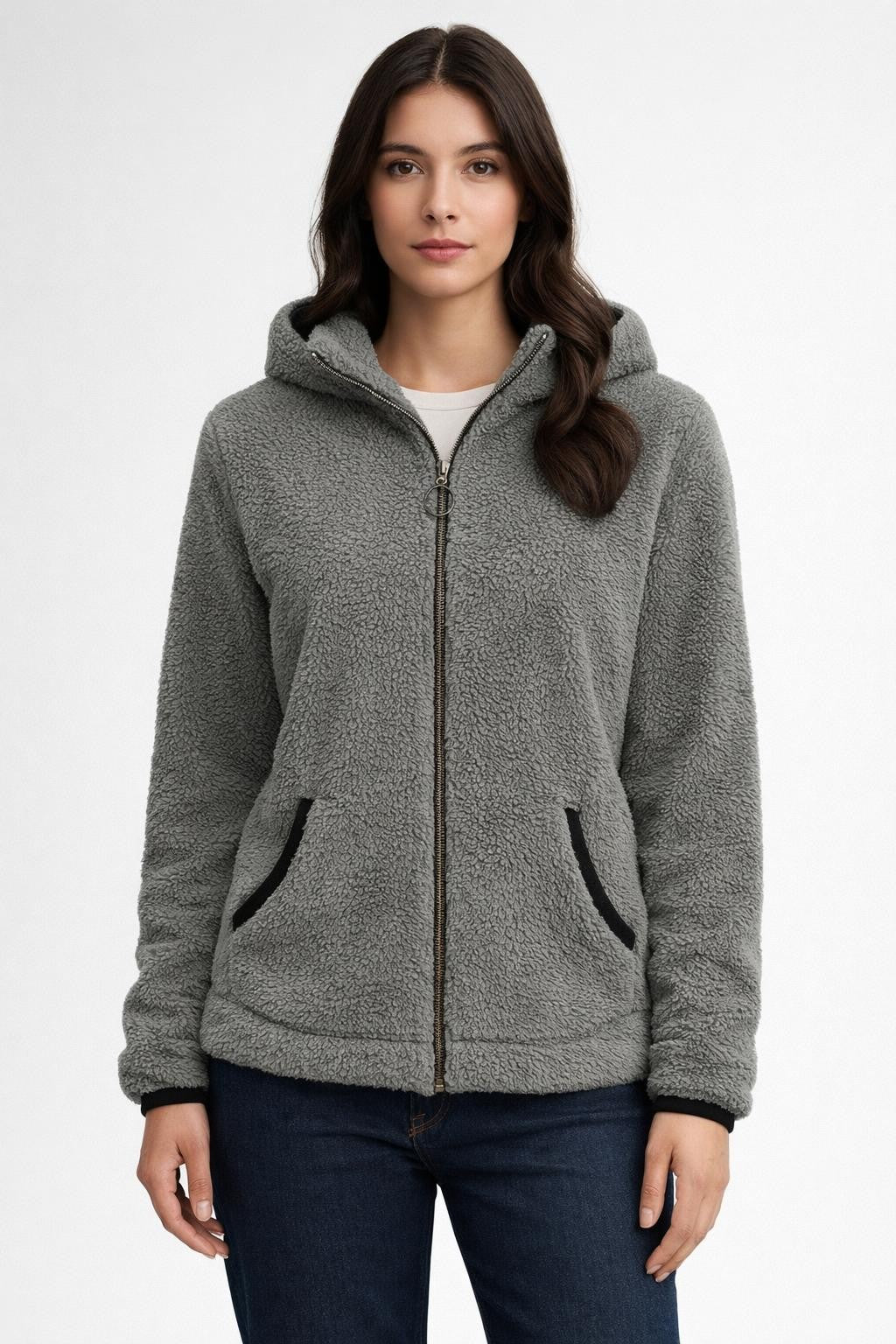 Plush Colorblock Zip-Up Jacket - Gray