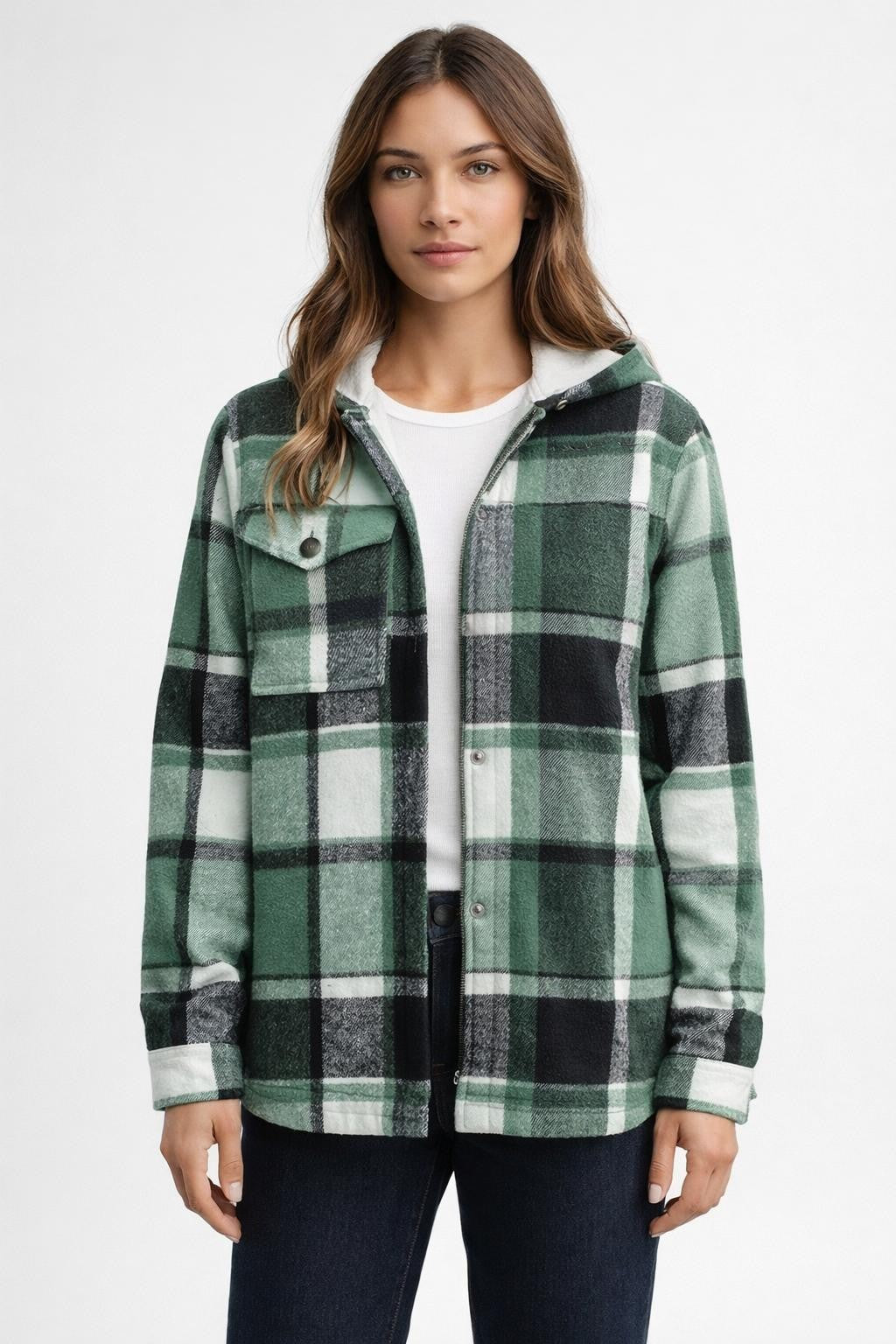 Checked Fleece-Lined Hooded Shirt Jacket - Green Check