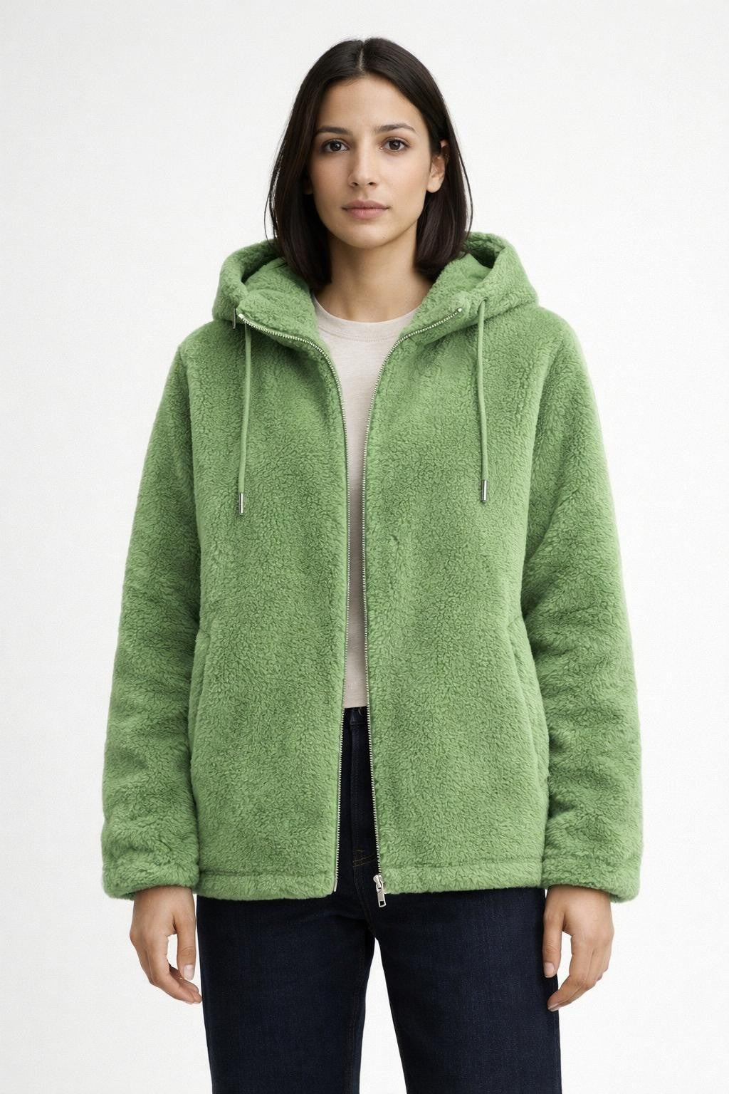 Plush Zip-Up Coat with Stand Collar - Green