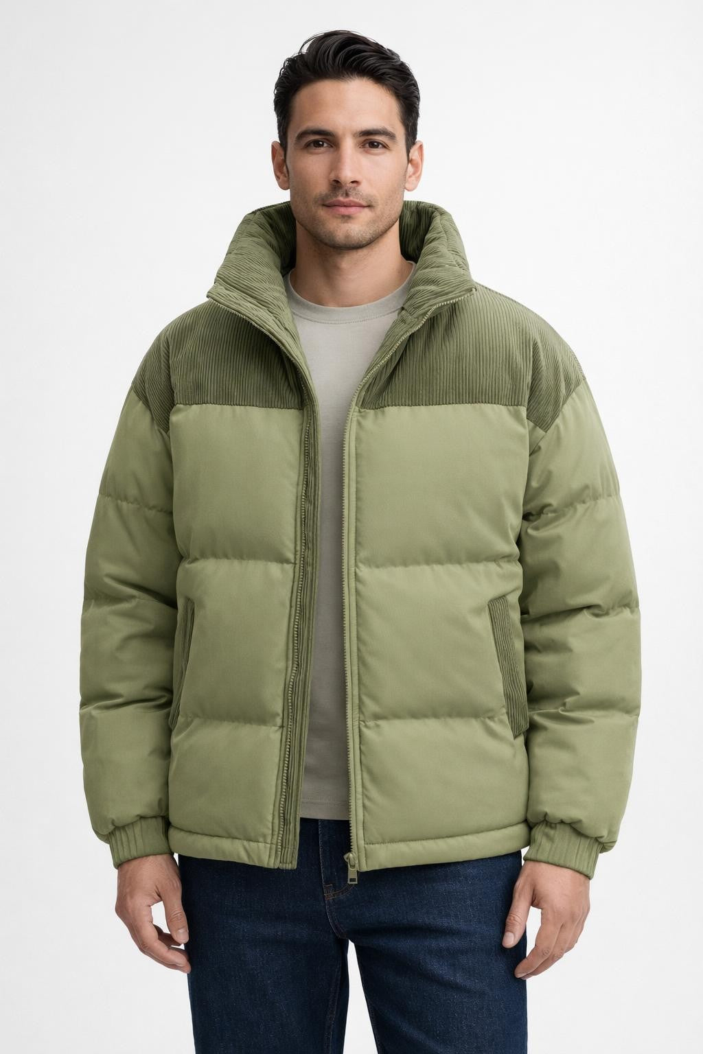 Men's Padded Stand Collar Jacket - Green