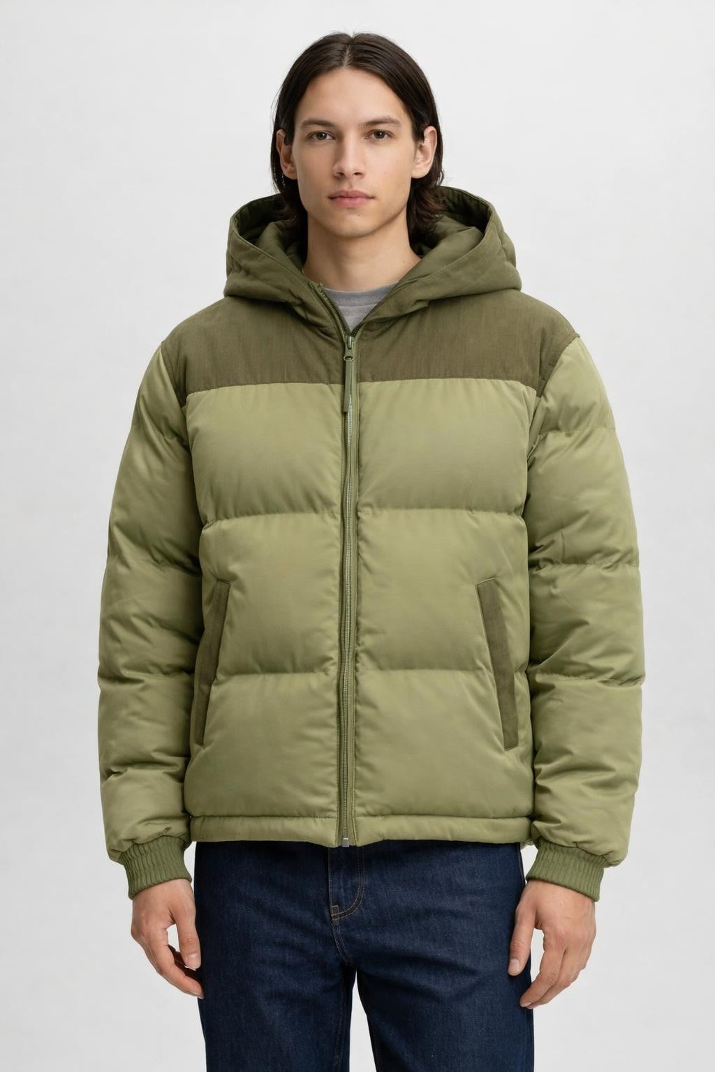 Men's Padded Winter Jacket with Detachable Hood - Green