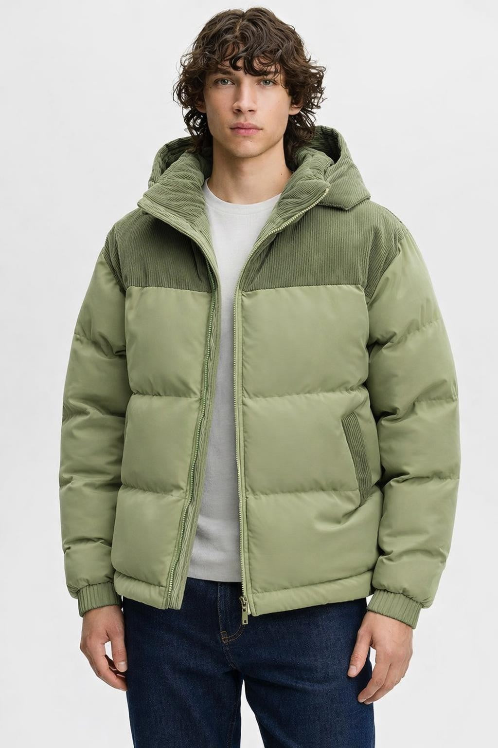 Men's Padded Detachable Hood Jacket - Green