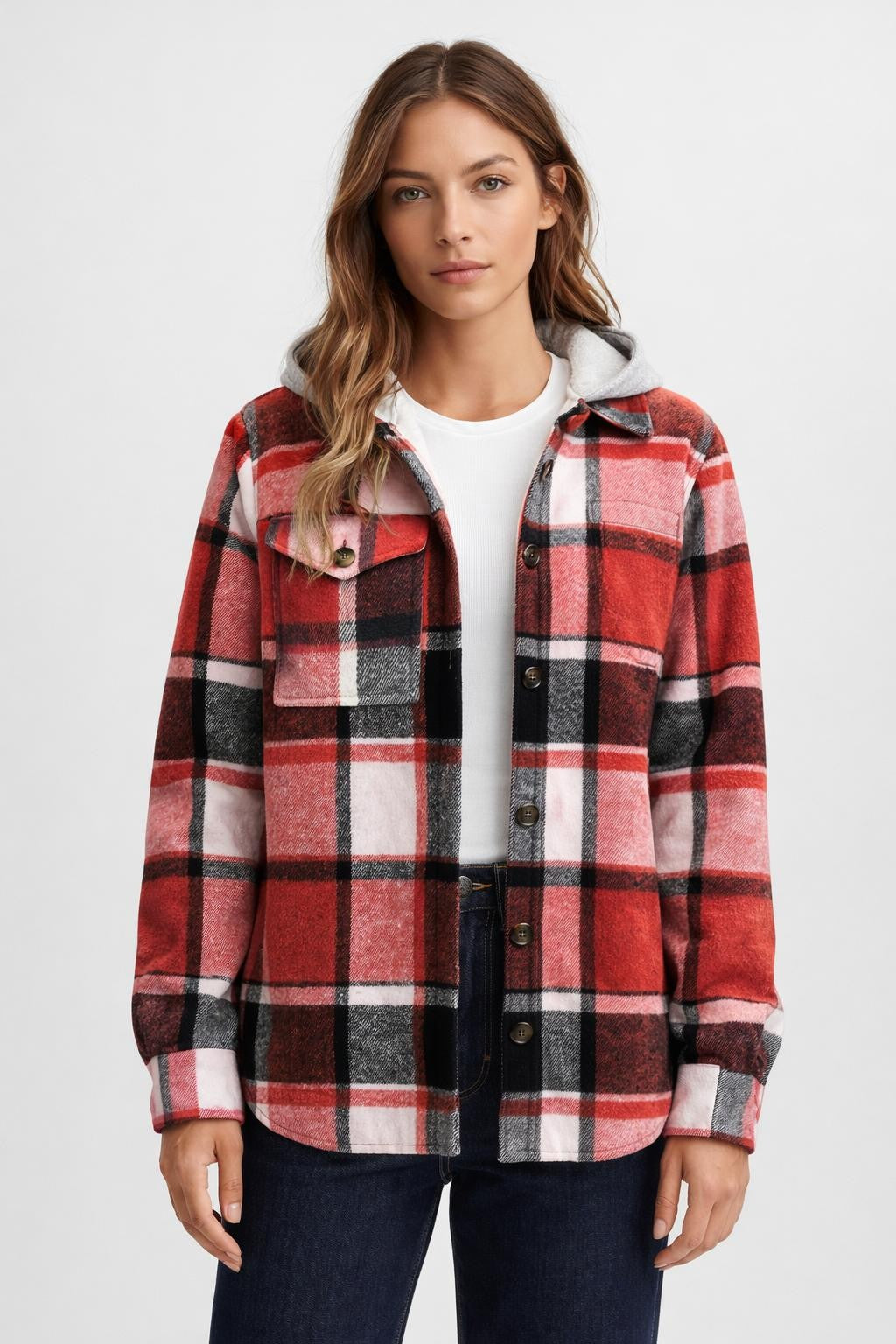 Checked Fleece-Lined Hooded Shirt Jacket - Grey Check