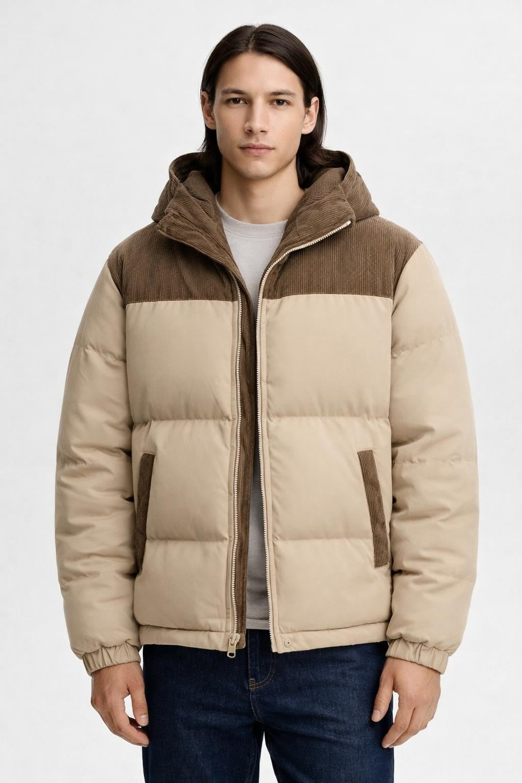 Men's Padded Winter Jacket with Detachable Hood - Khaki