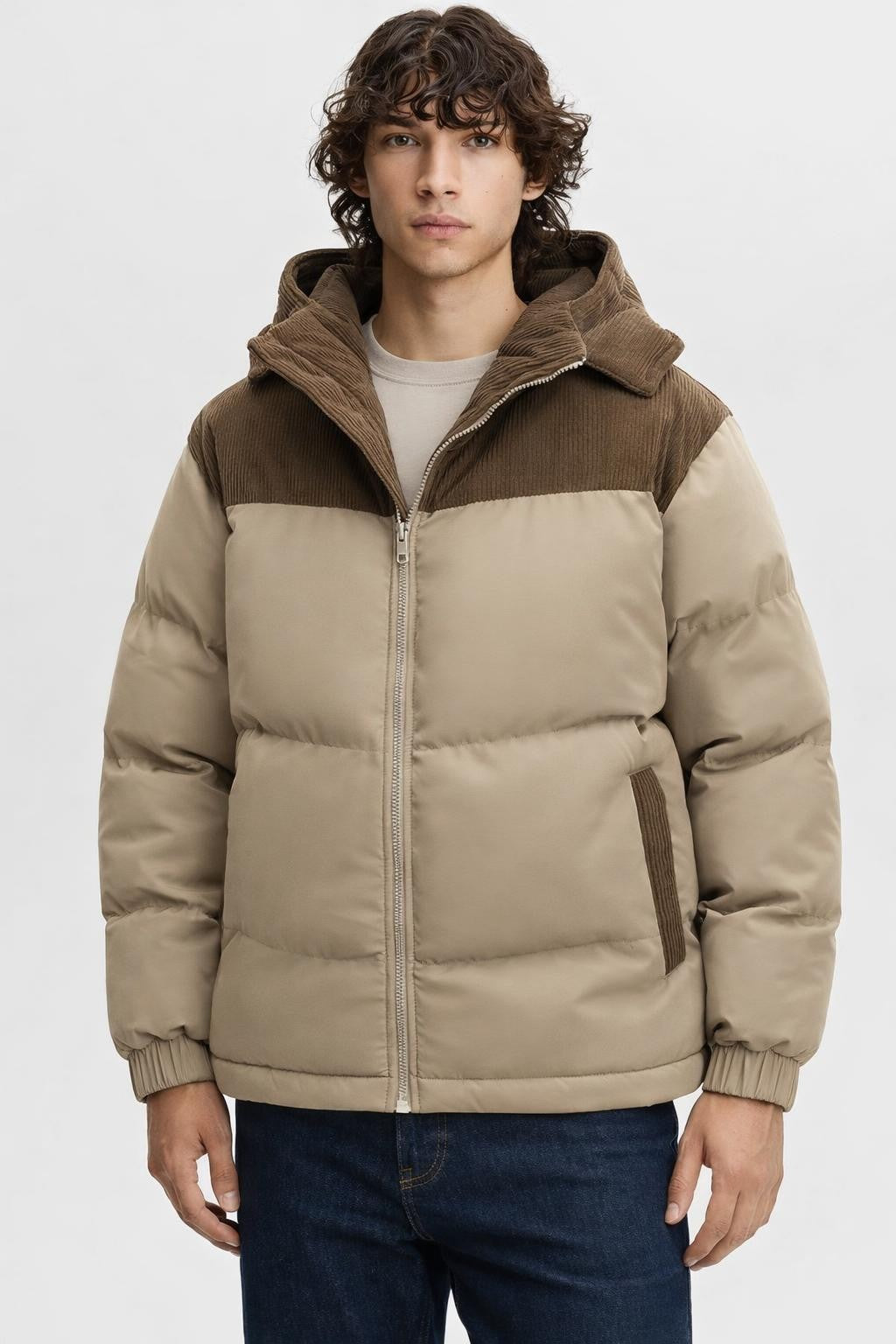 Men's Color Block Winter Jacket - Khaki