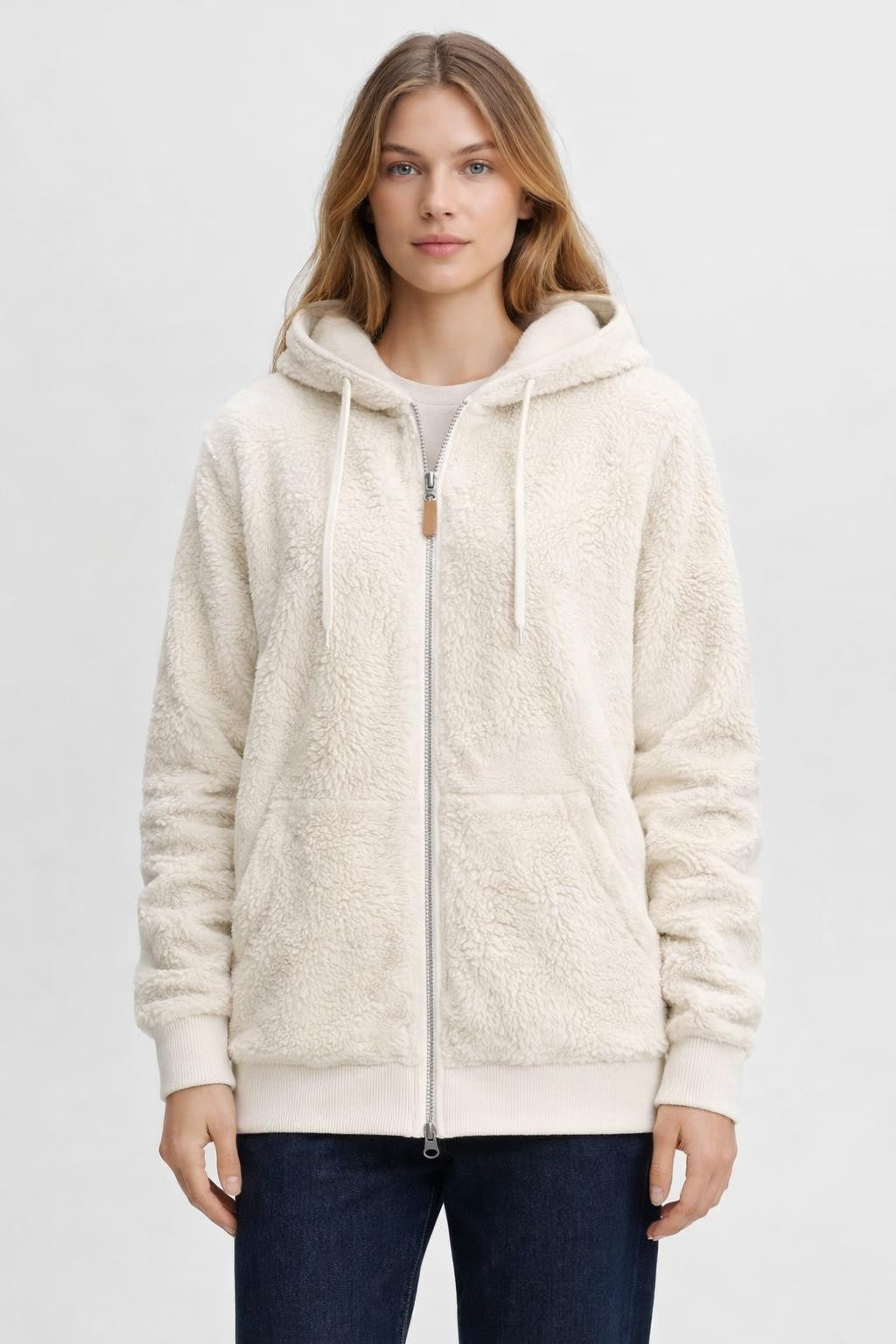Fleece-Lined Zip-Up Jacket - Light Beige