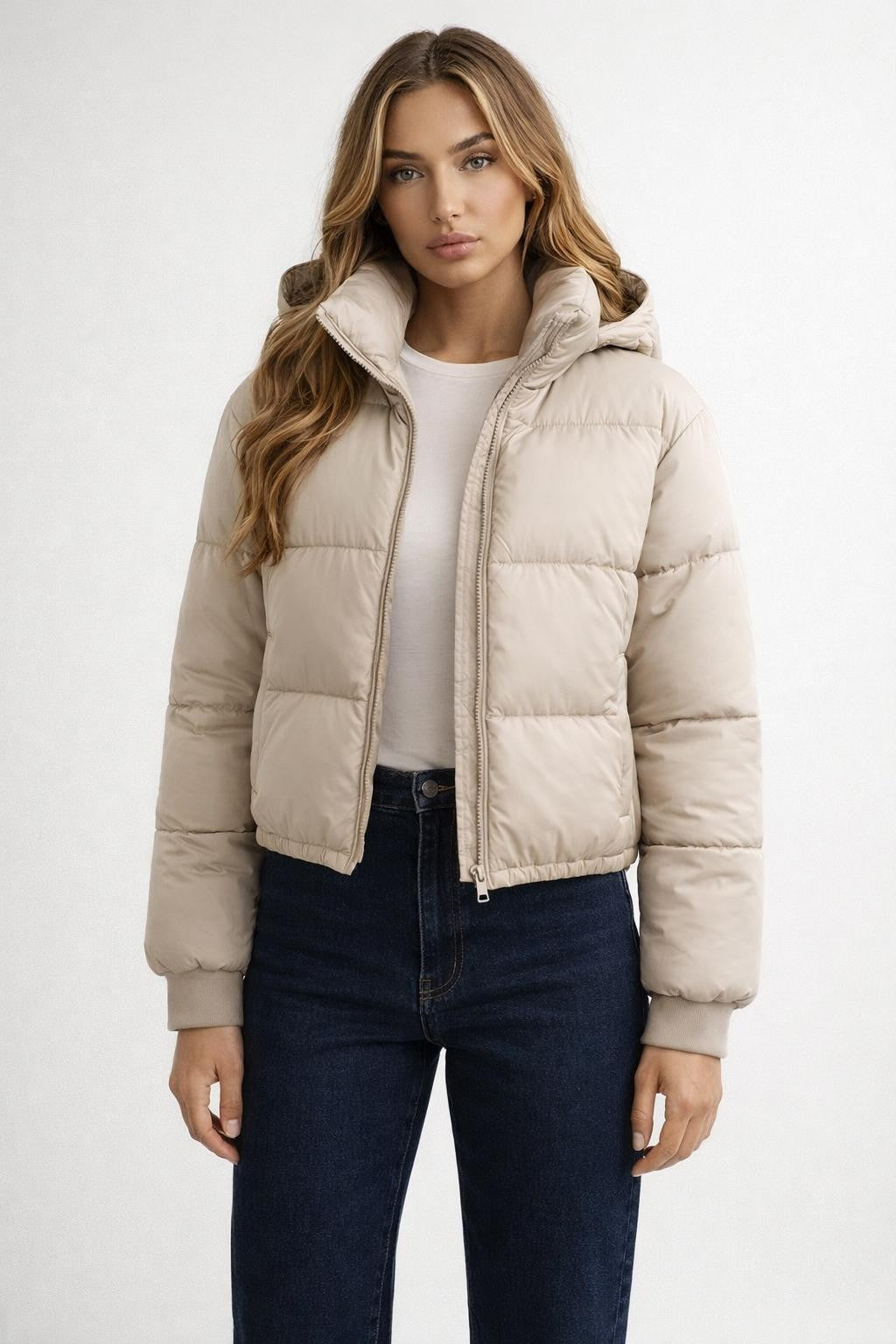 Puffer Jacket with Stand Collar - Light Beige