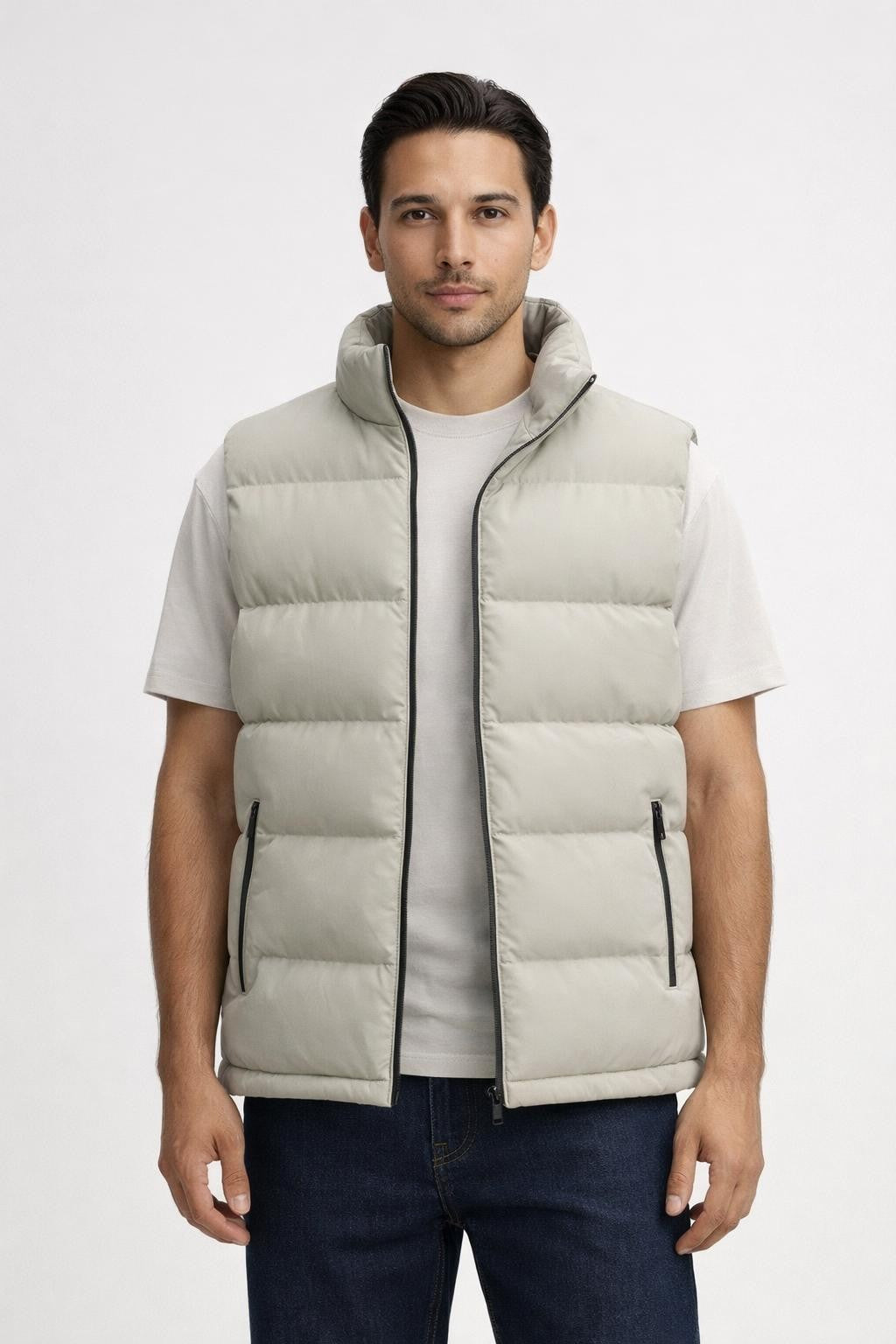 Men's Thick Zip-Up Vest with Pockets - Light Beige