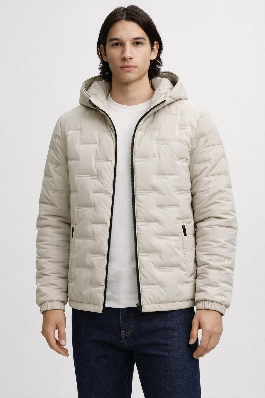 Men's Quilted Athletic Winter Jacket - Light Beige