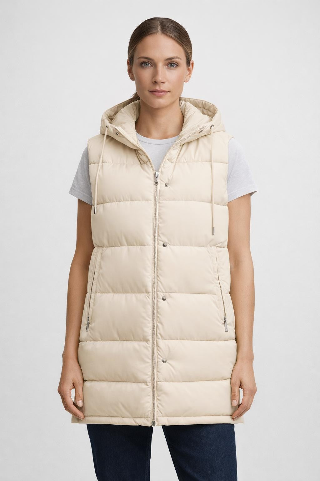 Padded Long Vest with Drawstring Waist - Light Beige
