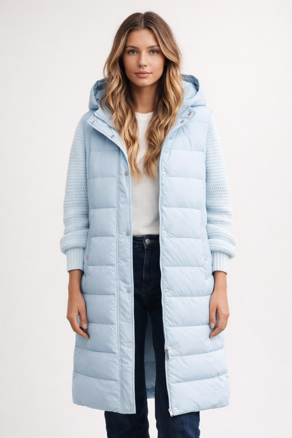 Quilted Hooded Sleeveless Vest - Light Blue
