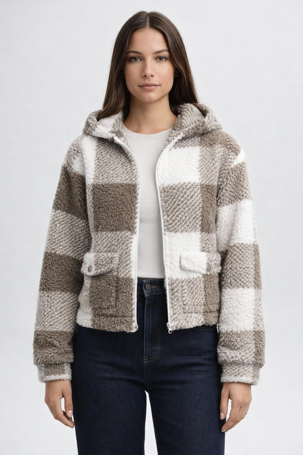 Plaid Zip-Up Strapless Jacket - Light Brown