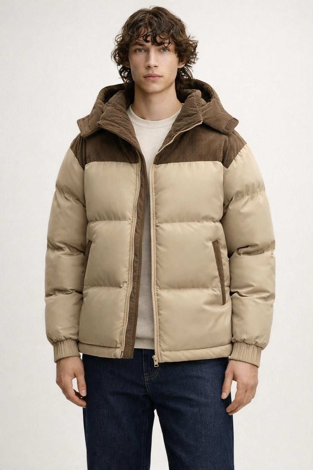 Men's Padded Detachable Hood Jacket - Light Brown