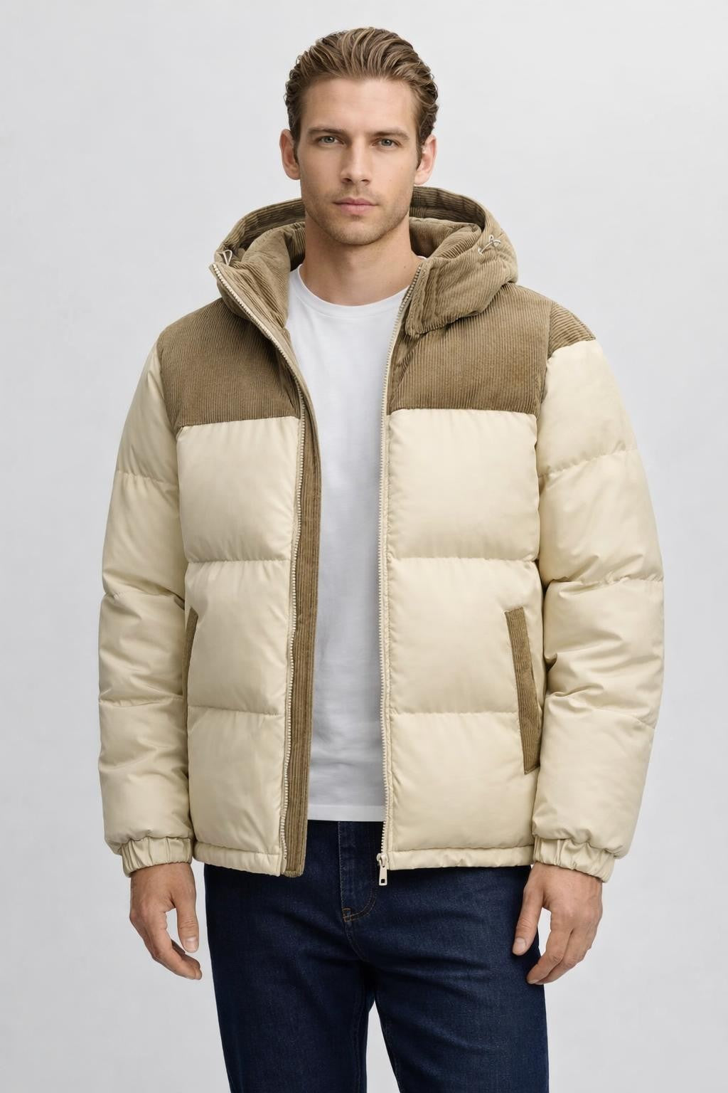 Colorblock Puffer Jacket with Removable Hood - Light Cyan