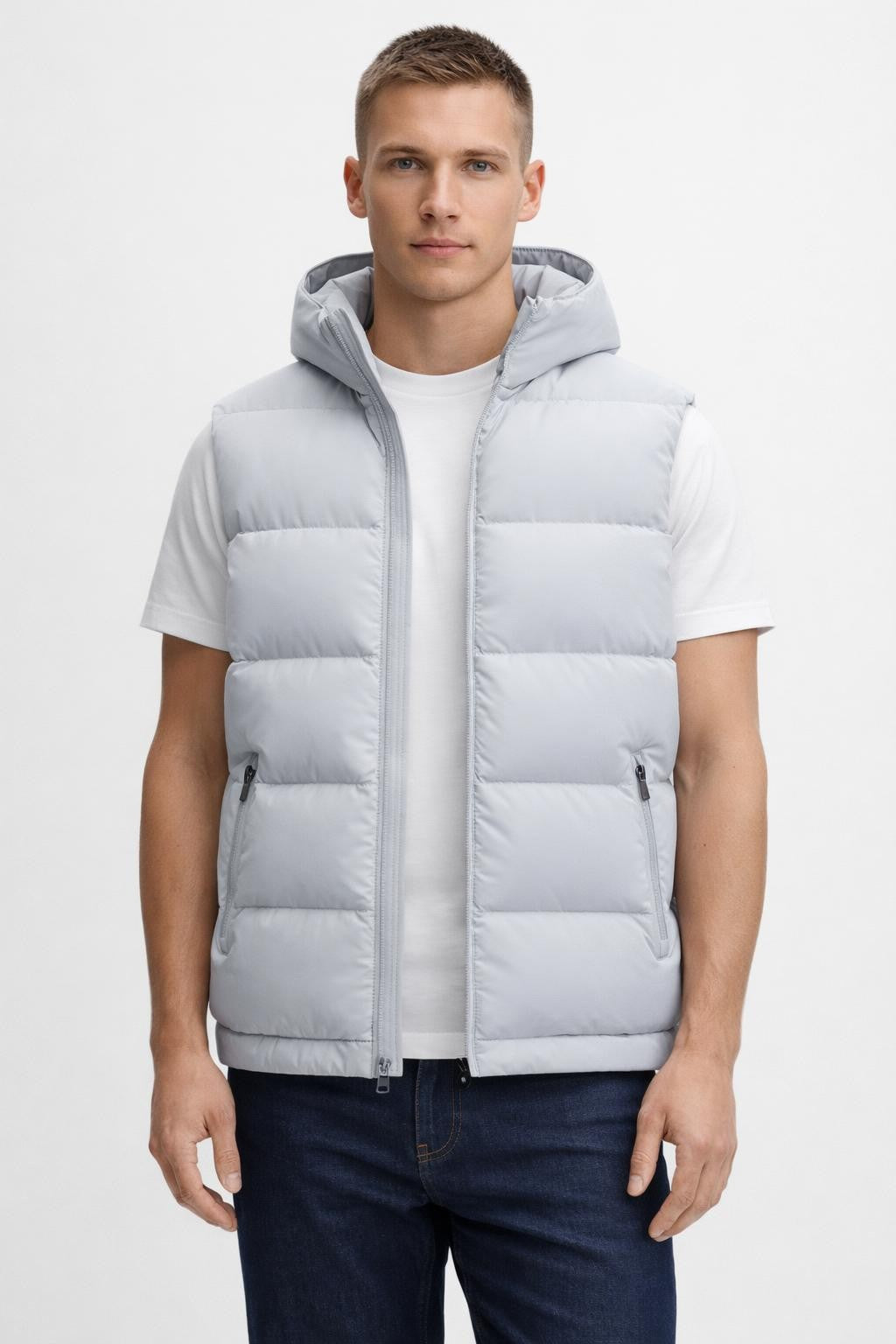 Men's Thick Sleeveless Vest with Stand Collar - Light Gray