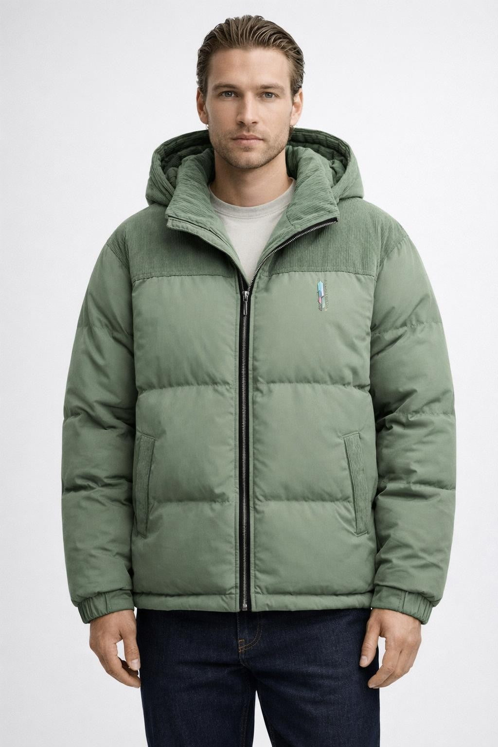 Quilted Colorblock Winter Jacket - Light Green