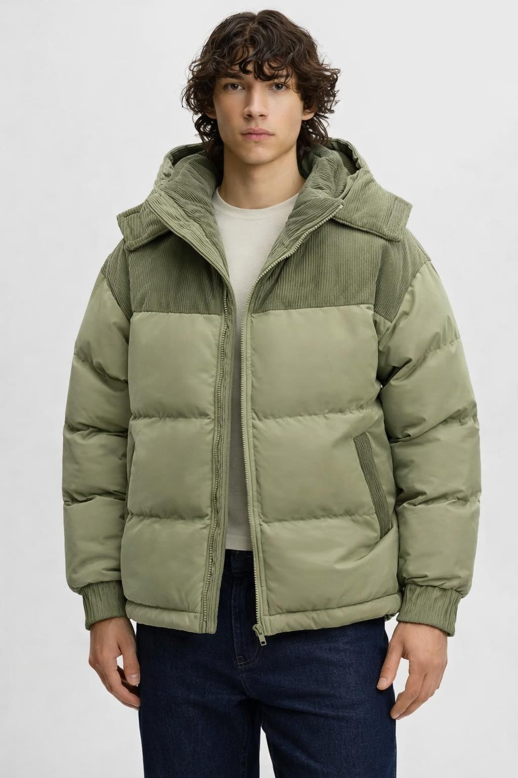Men's Quilted Corduroy Winter Jacket - Light Green