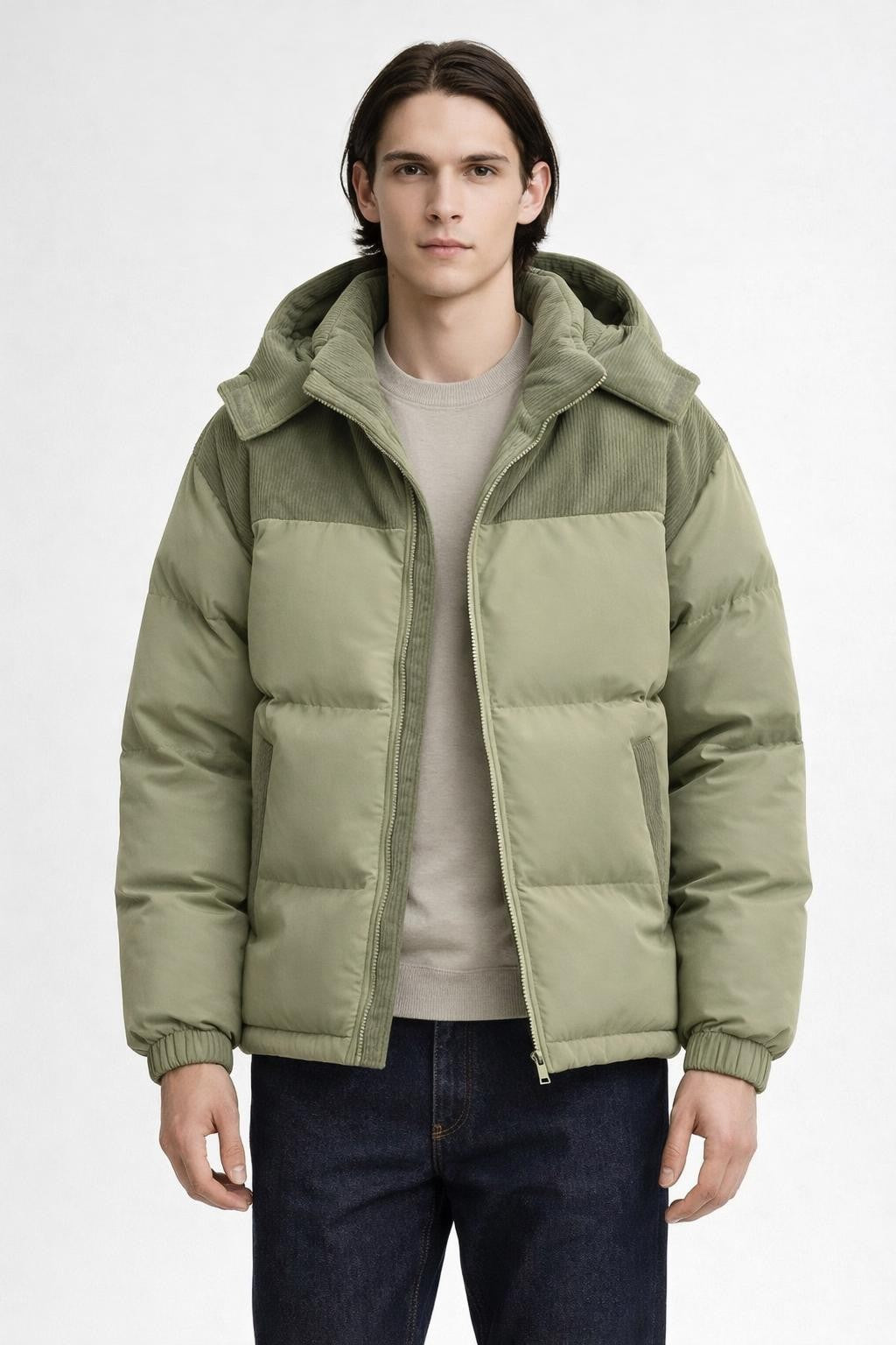 Colorblock Hooded Jacket with Plush Fill - Light Green