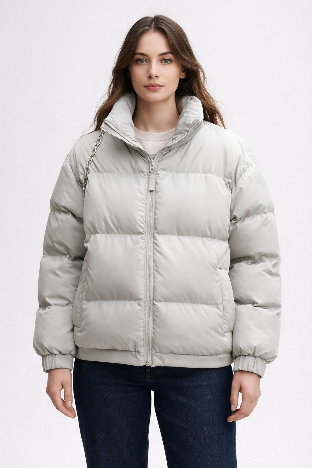 Long Sleeve Zip-Up Winter Jacket - Light Grey