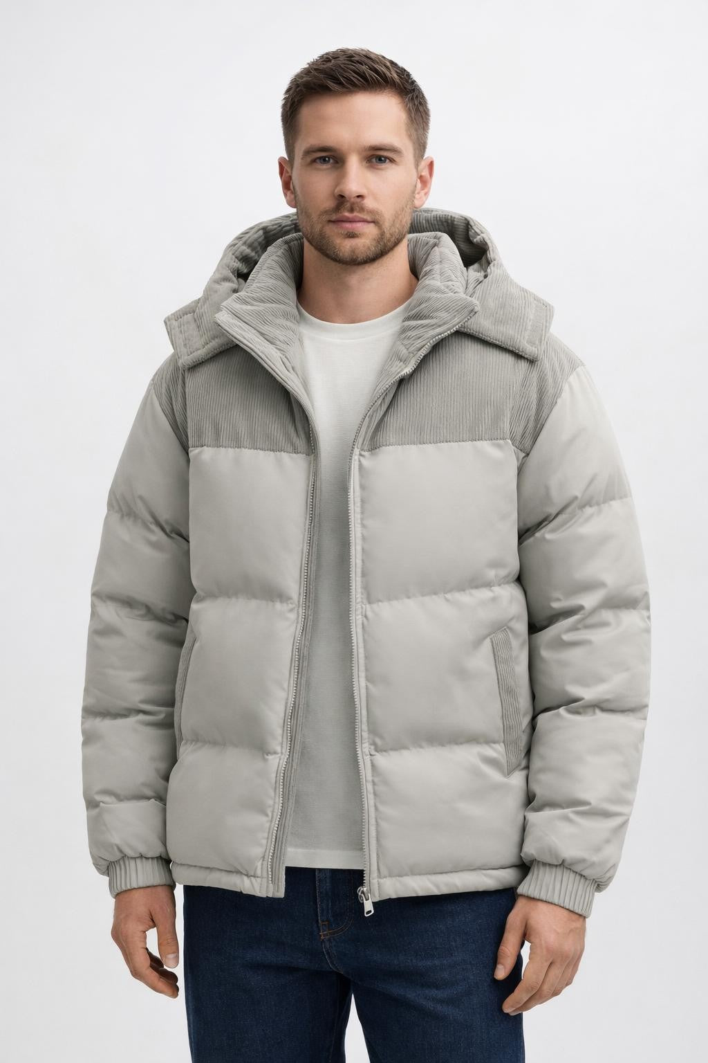 Men's Thick Windproof Winter Jacket - Light Grey