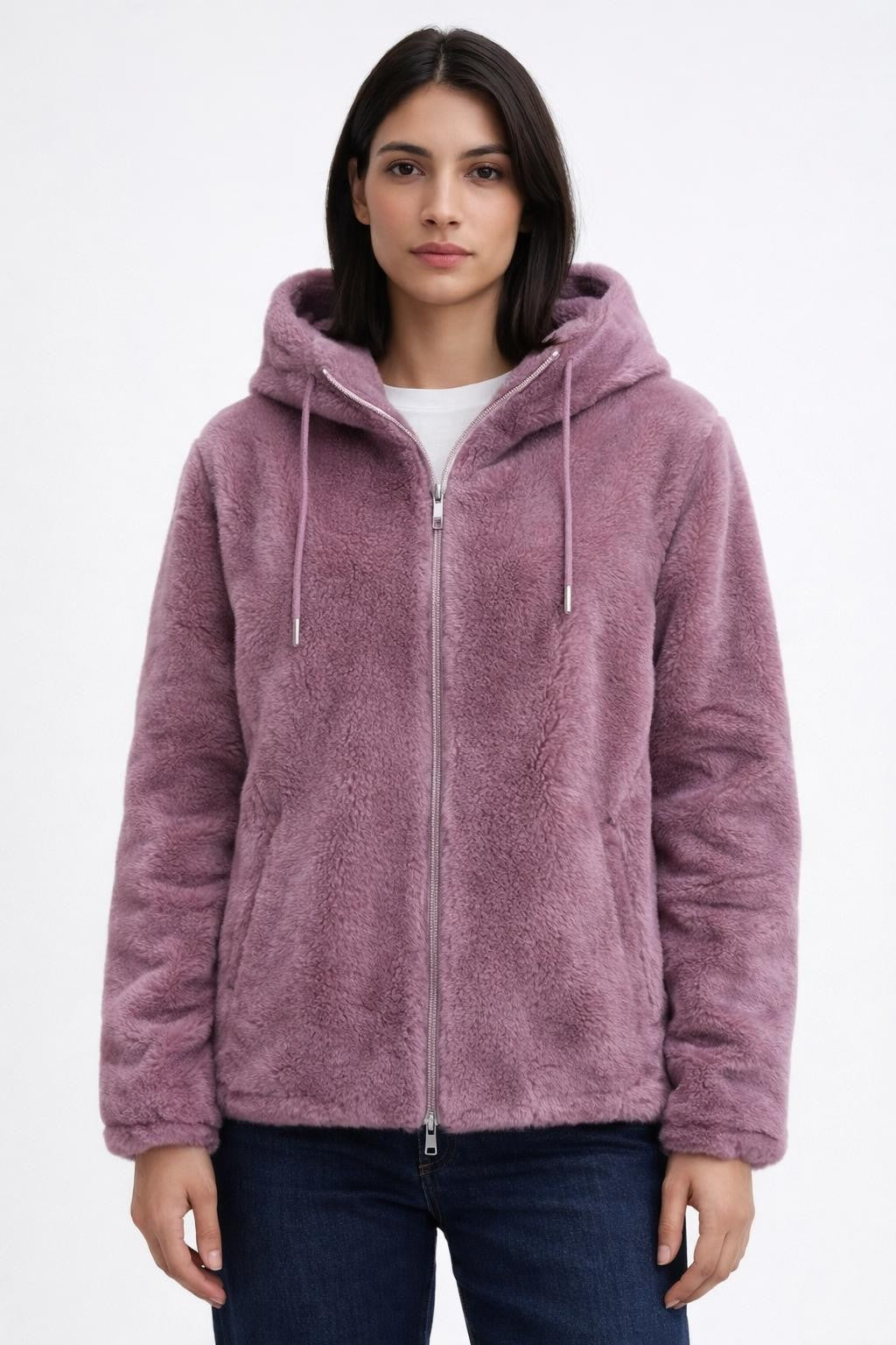 Plush Zip-Up Coat with Stand Collar - Light Purple
