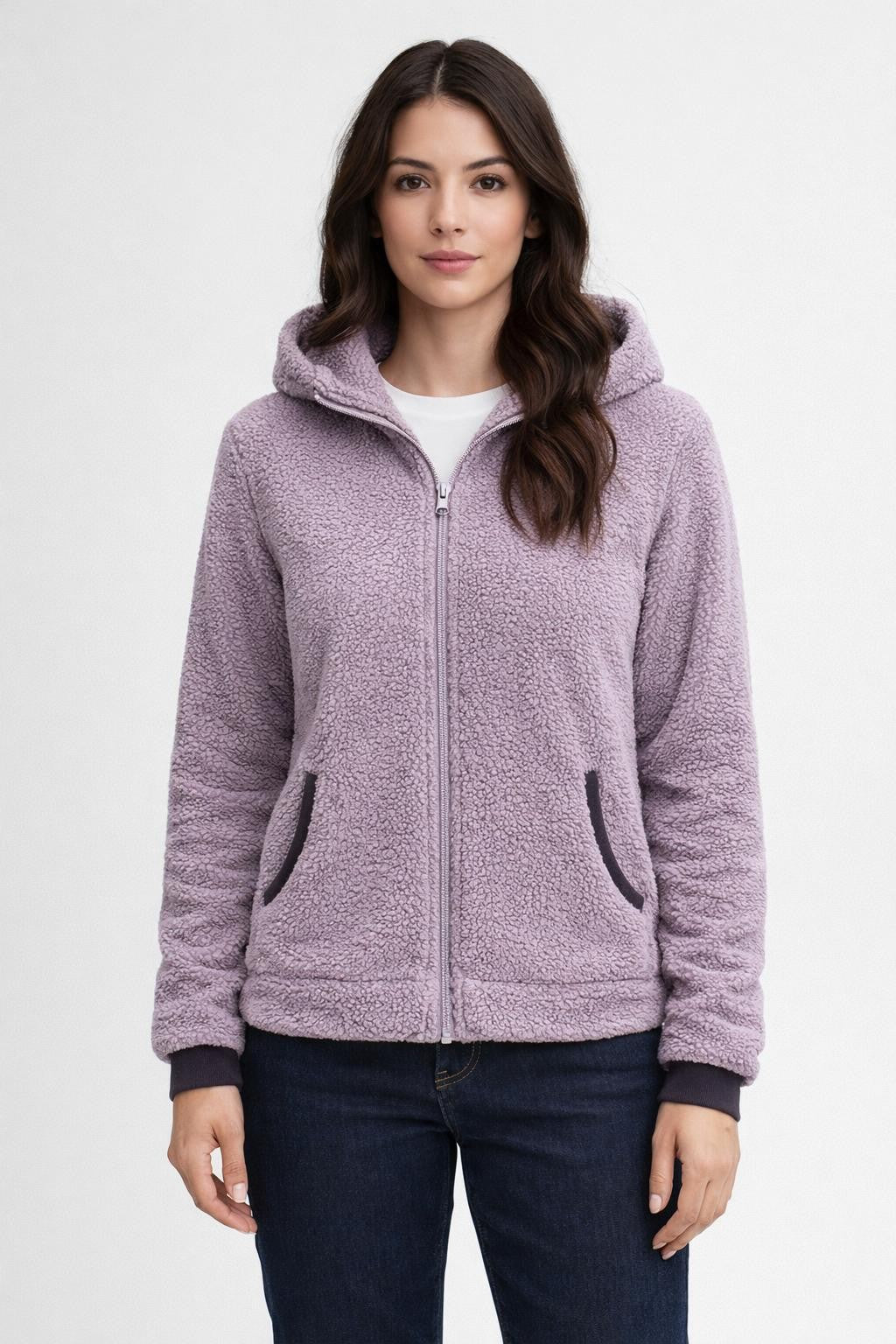 Plush Colorblock Zip-Up Jacket - Light Purple