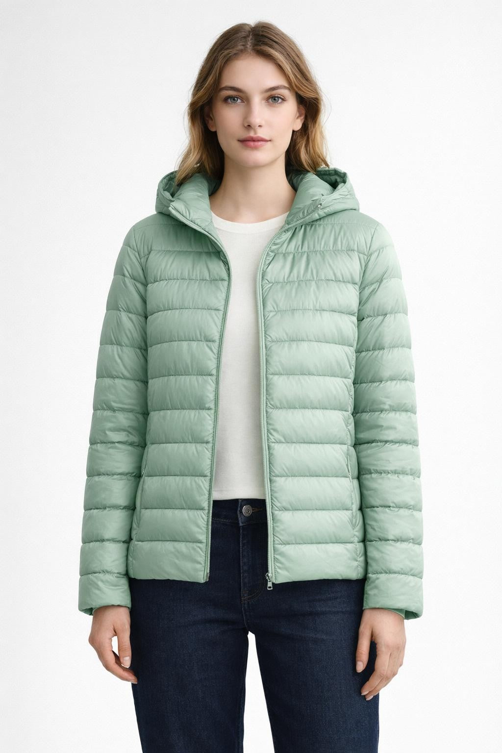 Padded White Down Winter Jacket - Mint Green