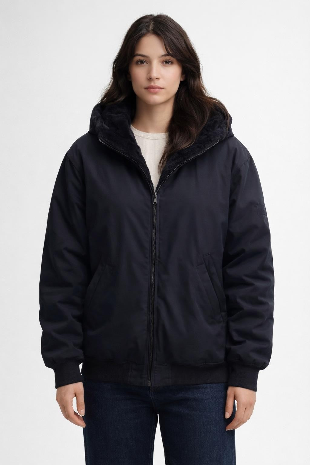 Reversible Faux Fur Lined Jacket - Navy Blue