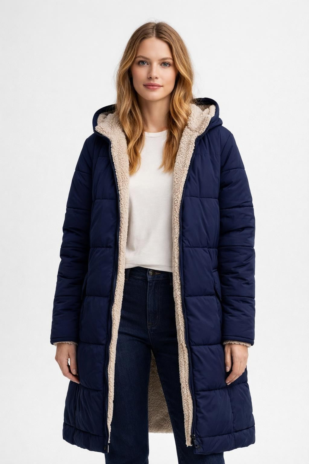 Reversible Plush Long Winter Jacket - Navy Blue