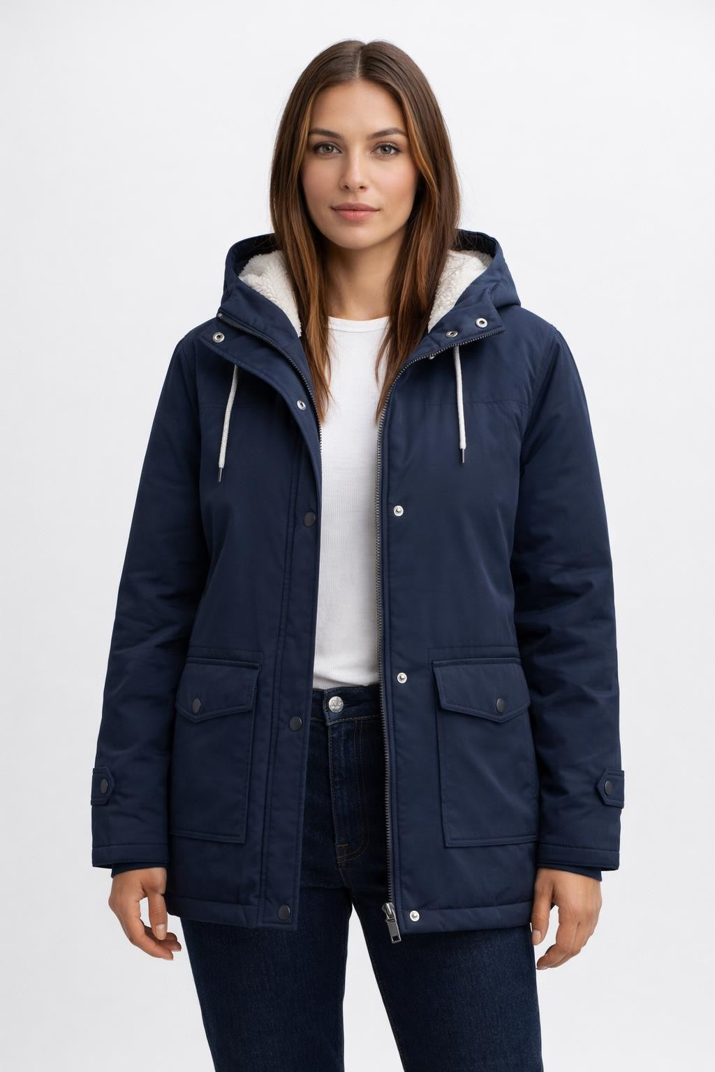 Fleece-Lined Casual Winter Jacket - Navy Blue