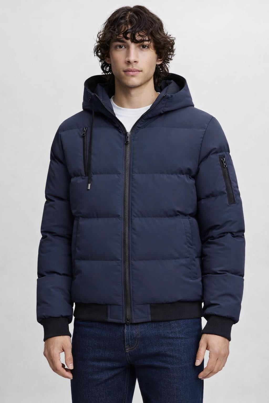 Thick Plush-Lined Casual Winter Jacket - Navy Blue