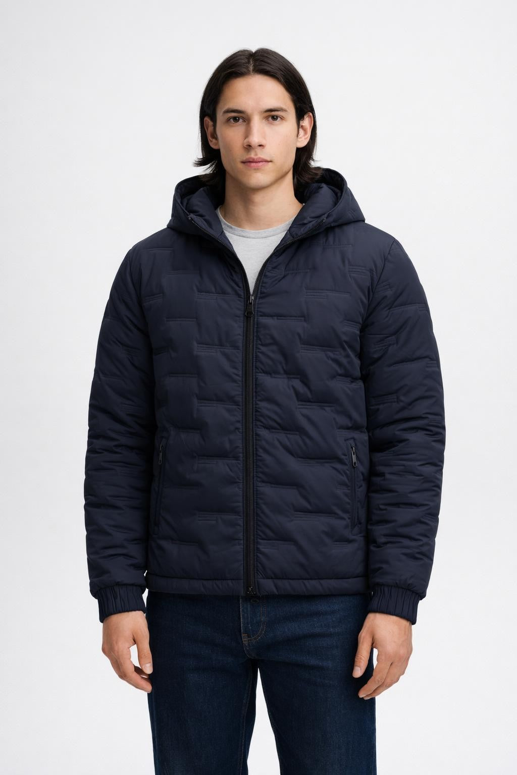 Men's Quilted Athletic Winter Jacket - Navy Blue