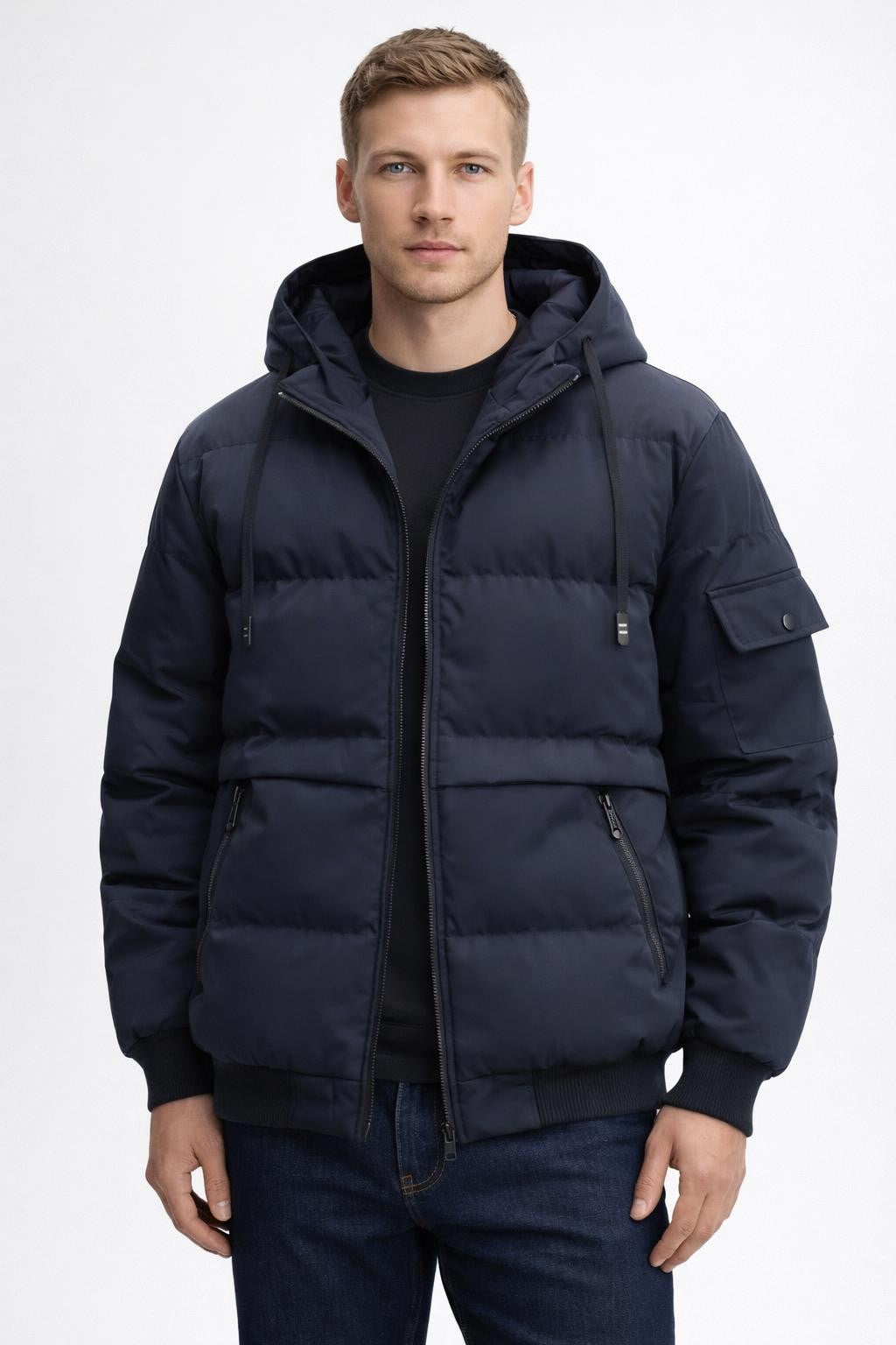 Sleeveless Casual Jacket with Detachable Hood - Navy Blue