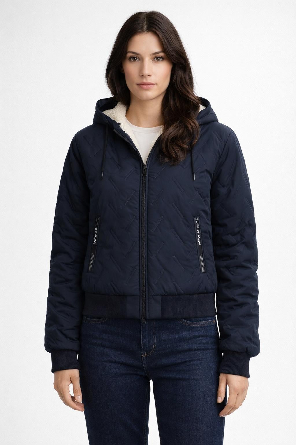 Quilted Winter Jacket with Lamb Fleece - Navy Blue