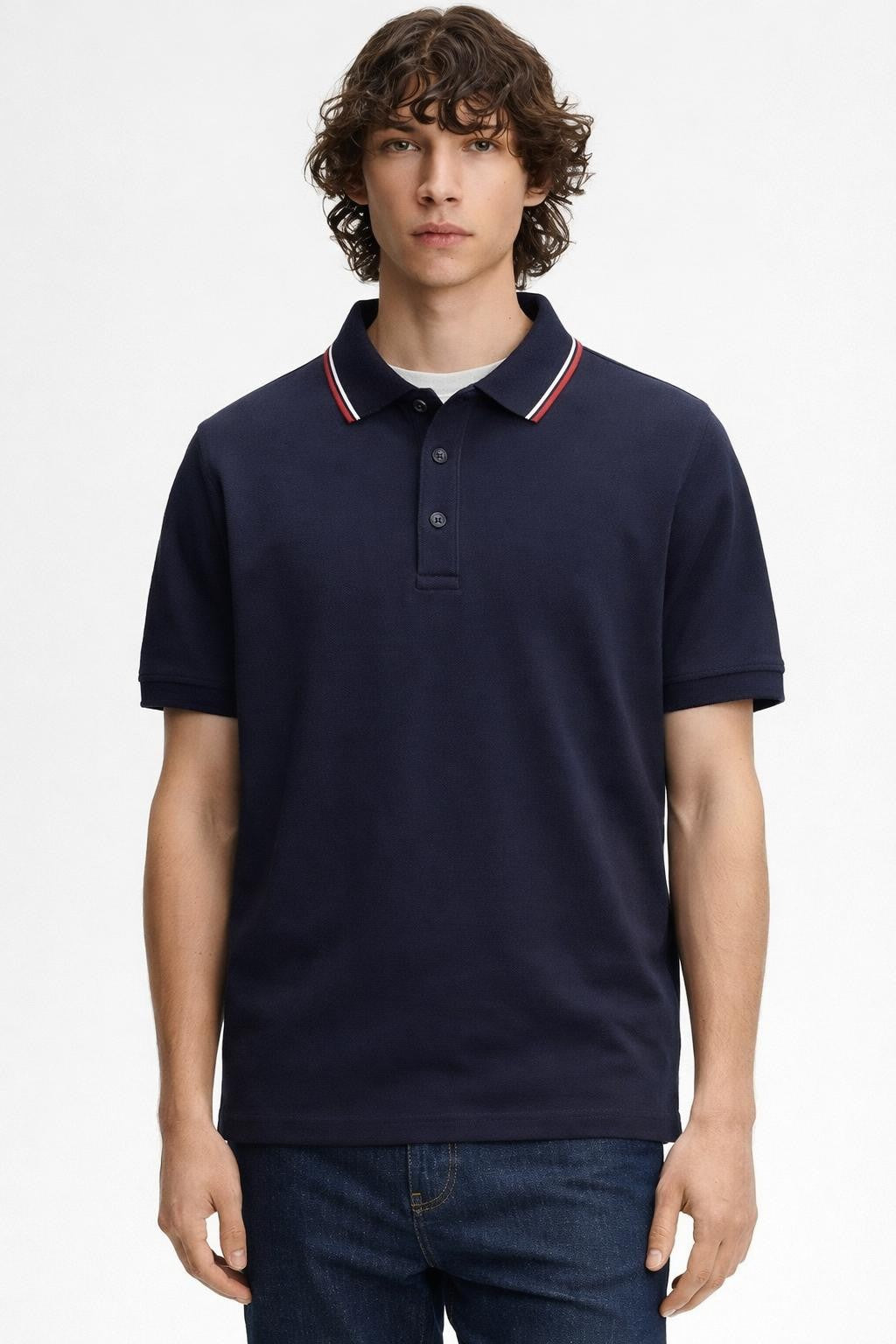 Minimalist Draped Short Sleeve Polo - Navy Blue