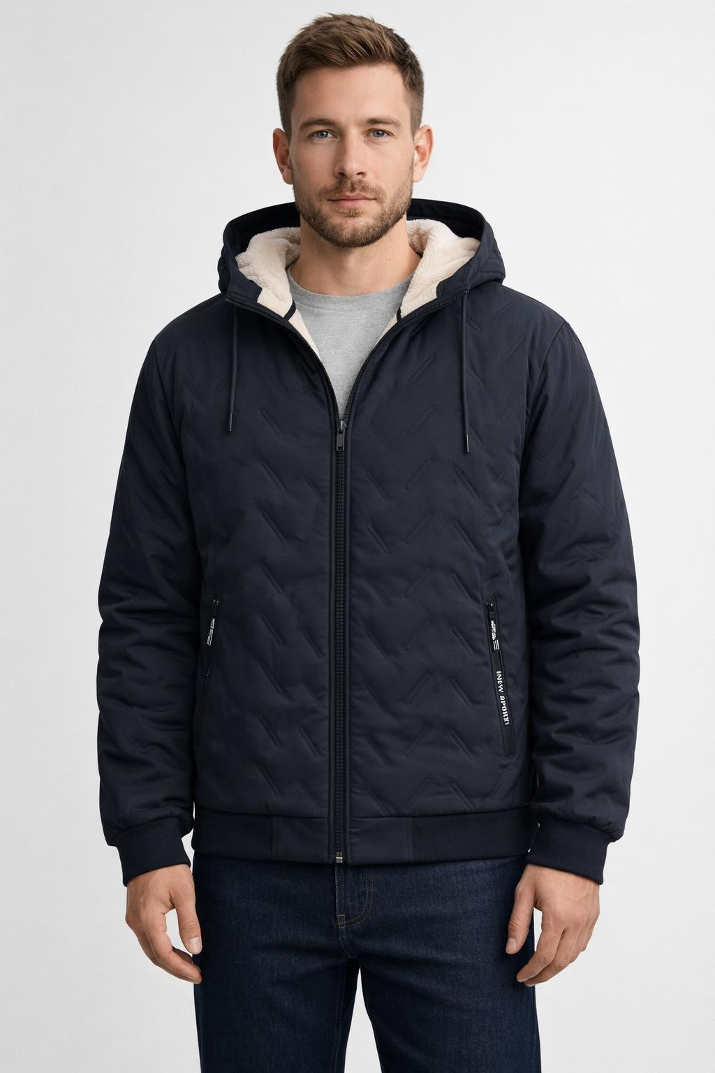 Men's Padded Winter Jacket with Zipper - Navy Blue