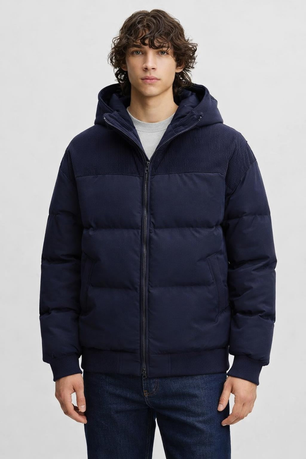 Plus Size Colorblock Winter Jacket - Navy Blue