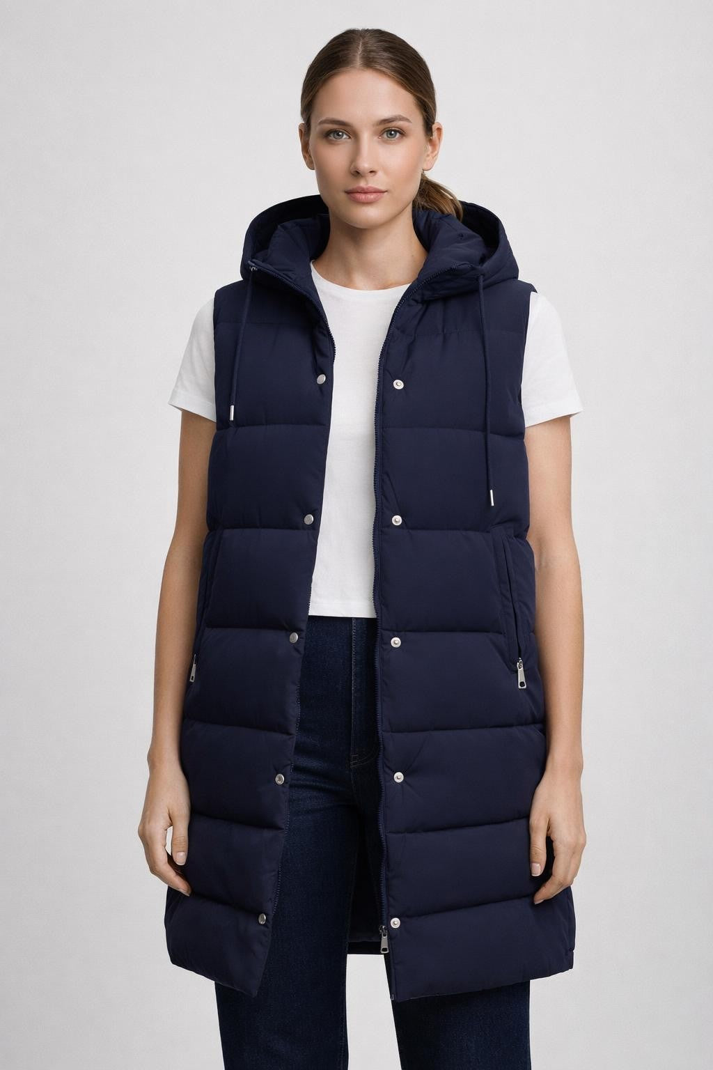 Padded Long Vest with Drawstring Waist - Navy Blue
