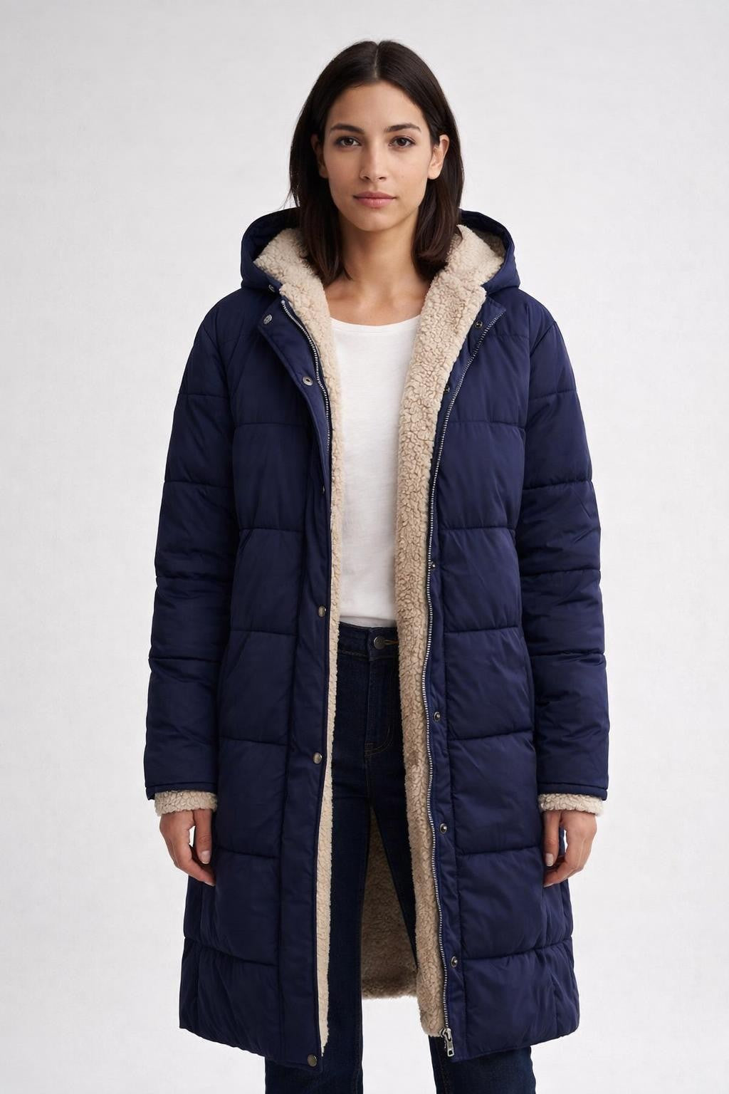Reversible Fleece-Lined Long Coat - Navy Blue