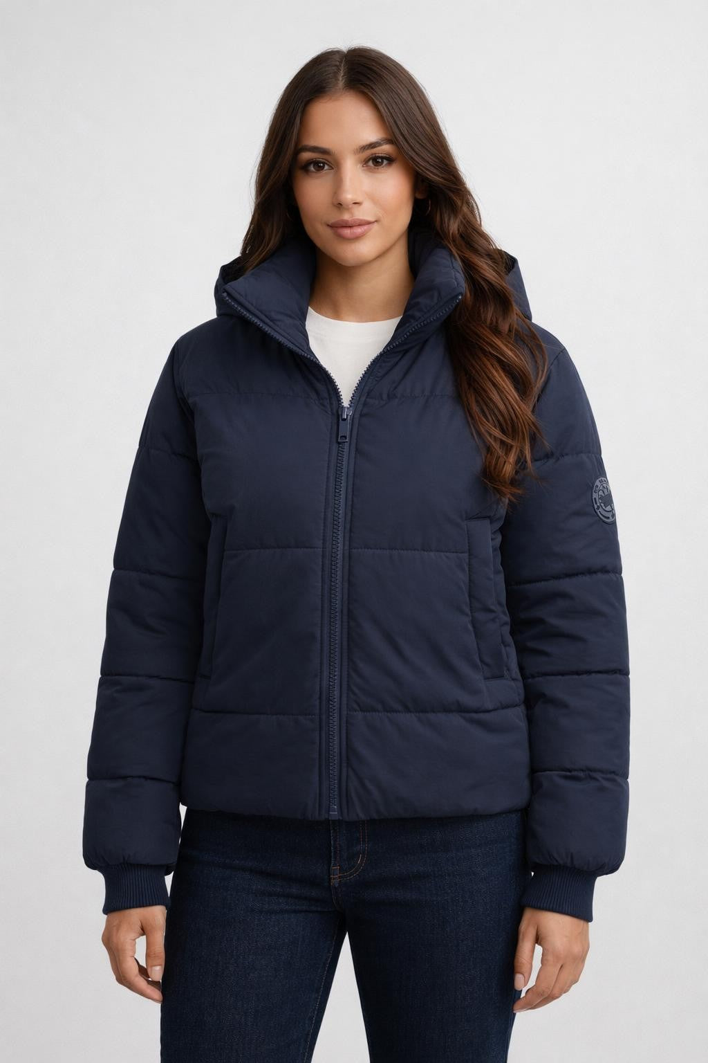 Padded Stand Collar Commuter Jacket - Navy Blue