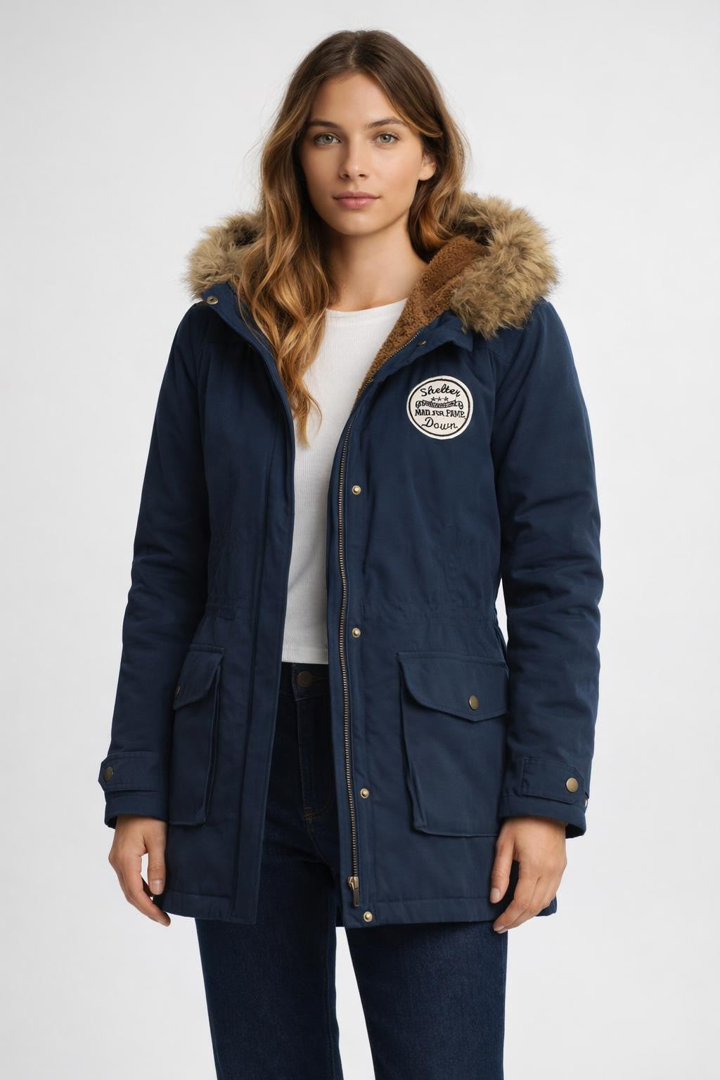 Long Winter Parka with Pockets - Navy Blue