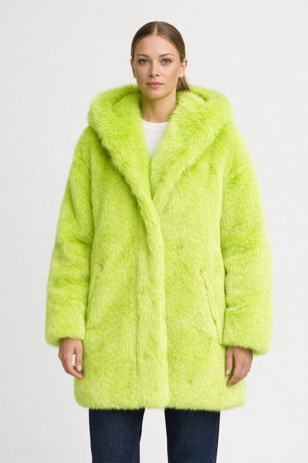 Mid-Length Coat with Shawl Collar - Neon Green