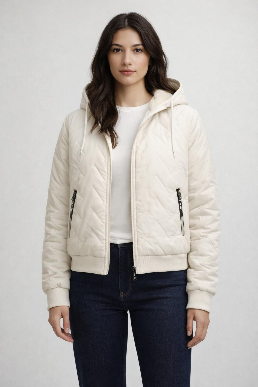 Quilted Winter Jacket with Lamb Fleece - Off White